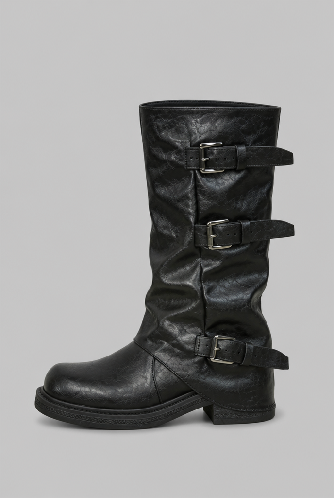 Mid-Calf Biker Boots with Buckle Detail
