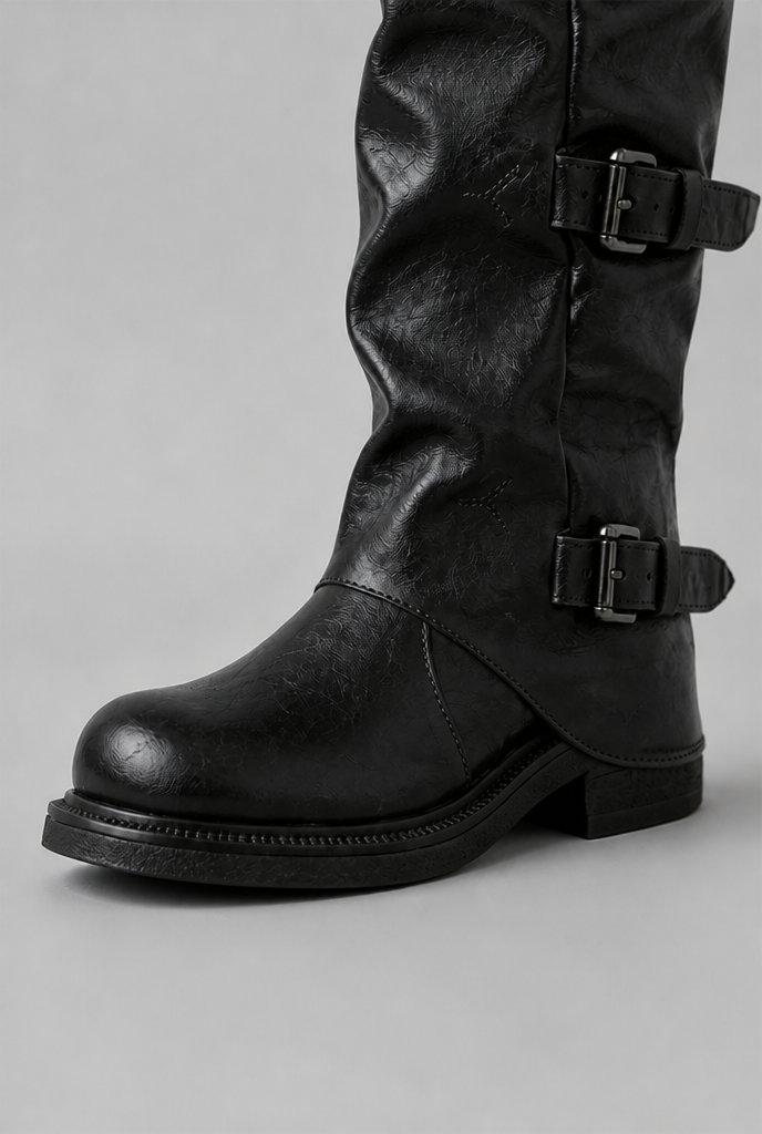 Mid-Calf Biker Boots with Buckle Detail