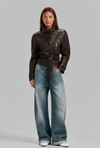 Fitted Leather Jacket with Belt Tie