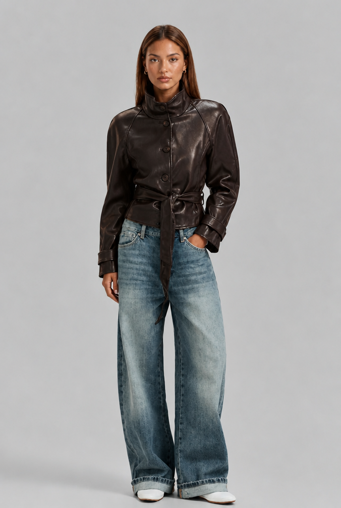 Fitted Leather Jacket with Belt Tie