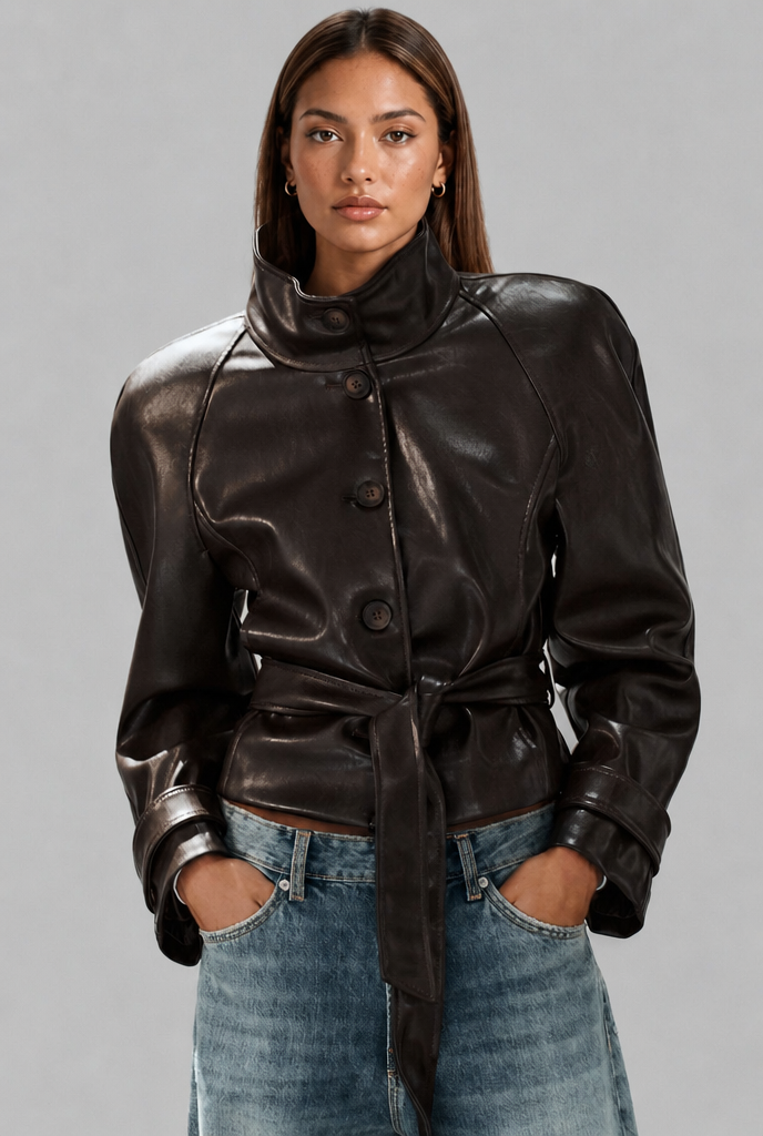 Fitted Leather Jacket with Belt Tie