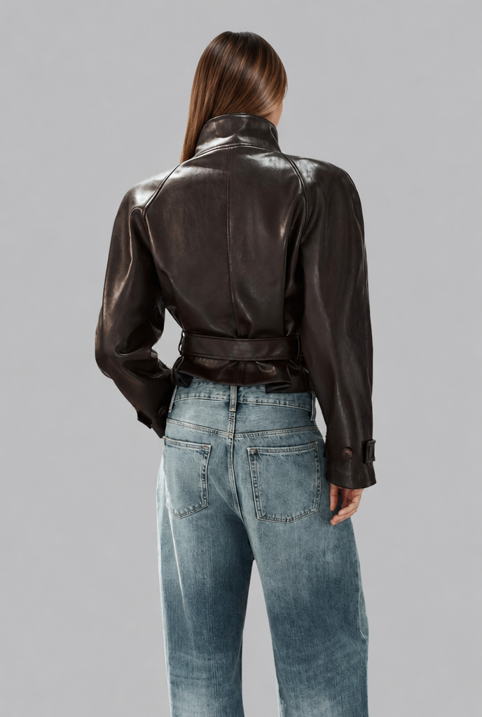 Fitted Leather Jacket with Belt Tie