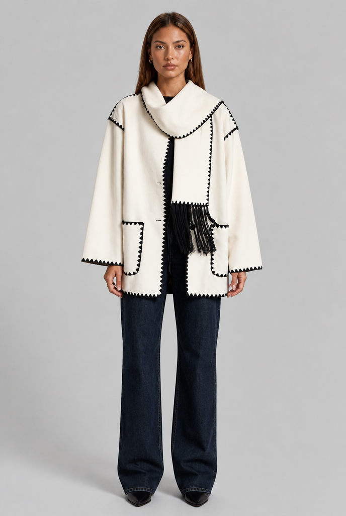 Scarf Coat with Contrast Stitch Trim