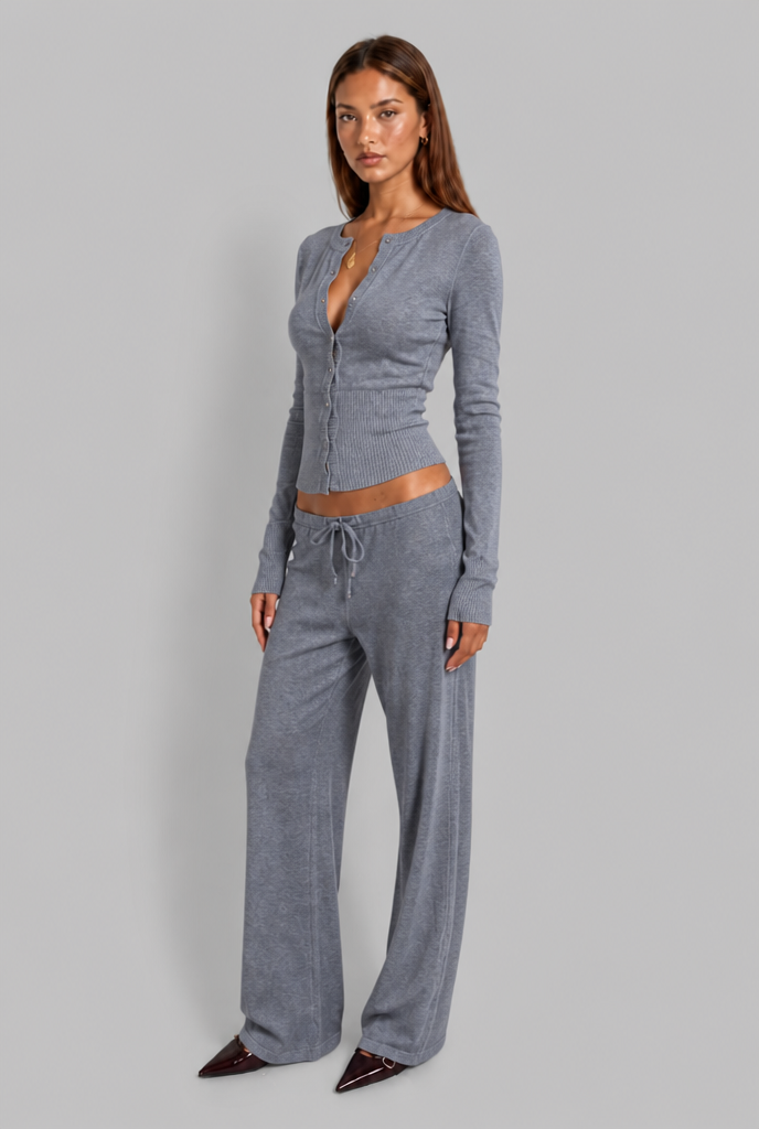 Ribbed Cardigan & Wide Leg Trousers Set