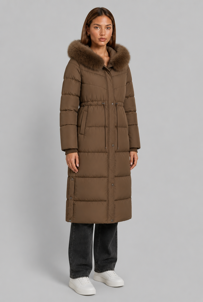 Long Puffer Coat with Fur Hood
