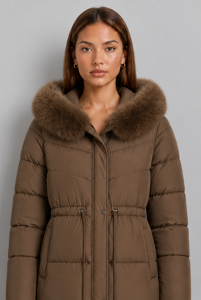 Long Puffer Coat with Fur Hood
