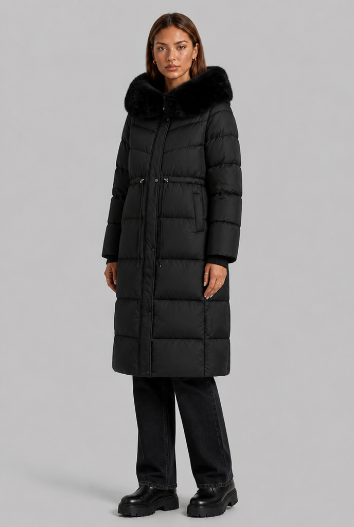 Long Puffer Coat with Fur Hood