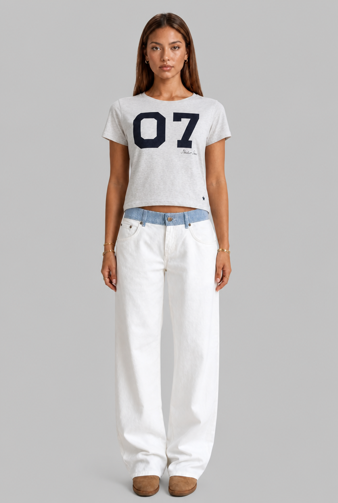 Wide Leg Jeans with Contrast Waistband