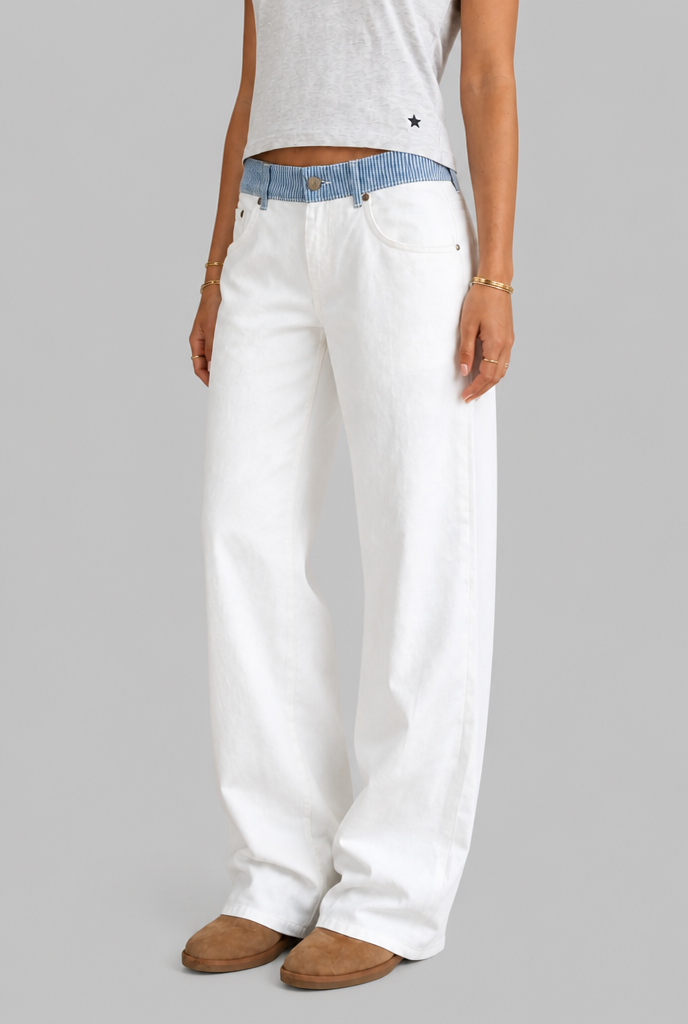 Wide Leg Jeans with Contrast Waistband