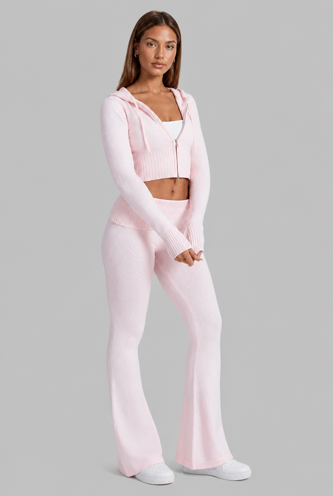 Ribbed Knit Zip Hoodie & Flare Pants Set