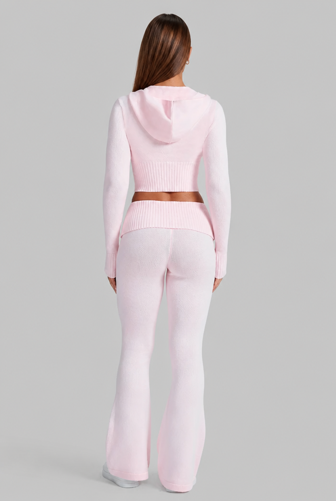 Ribbed Knit Zip Hoodie & Flare Pants Set