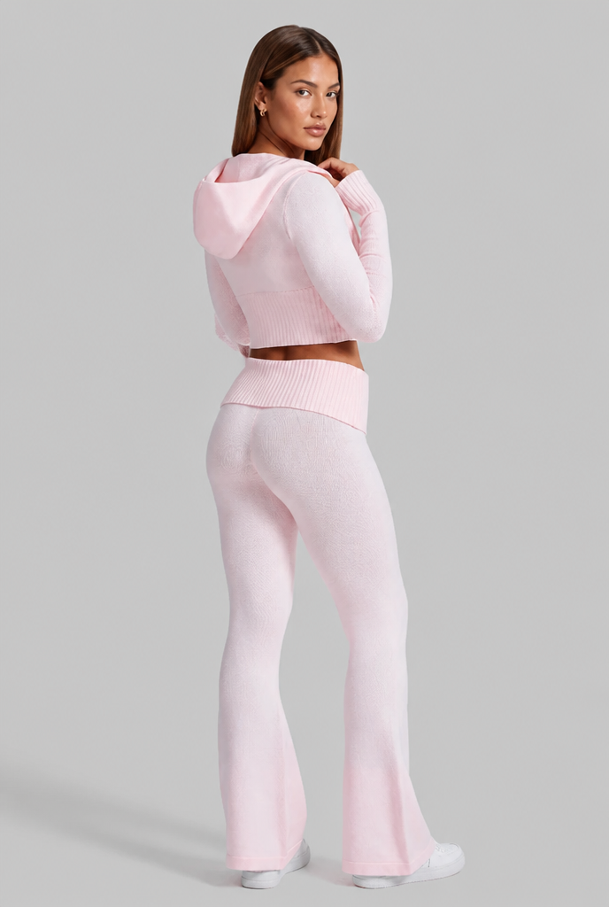 Ribbed Knit Zip Hoodie & Flare Pants Set