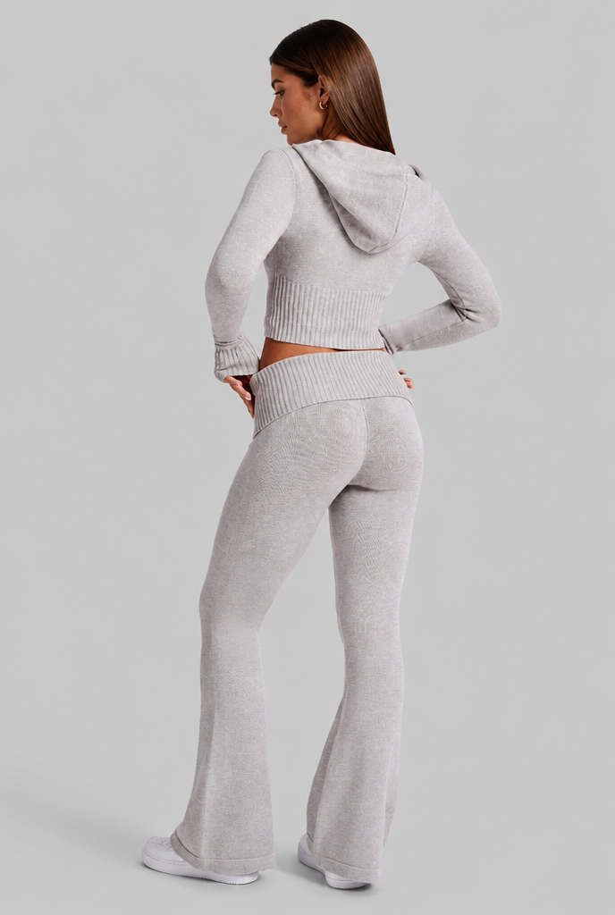 Ribbed Knit Zip Hoodie & Flare Pants Set