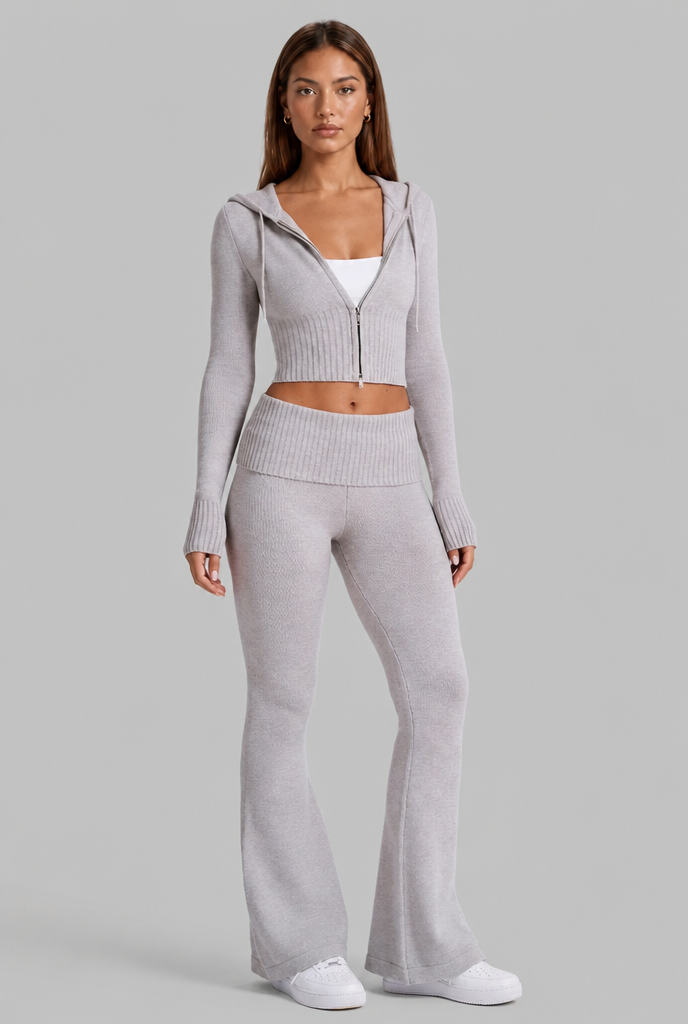 Ribbed Knit Zip Hoodie & Flare Pants Set