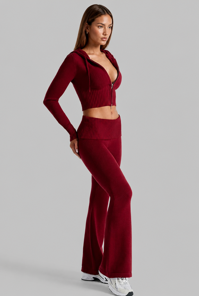 Ribbed Knit Zip Hoodie & Flare Pants Set
