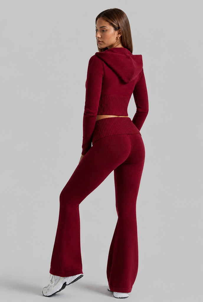 Ribbed Knit Zip Hoodie & Flare Pants Set