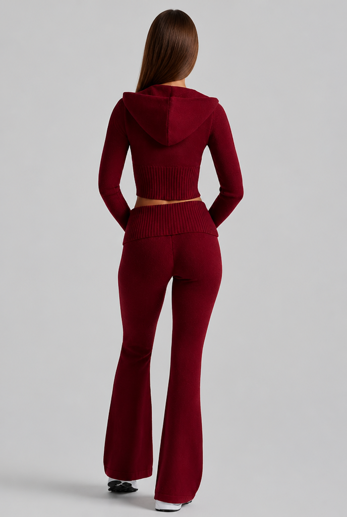 Ribbed Knit Zip Hoodie & Flare Pants Set