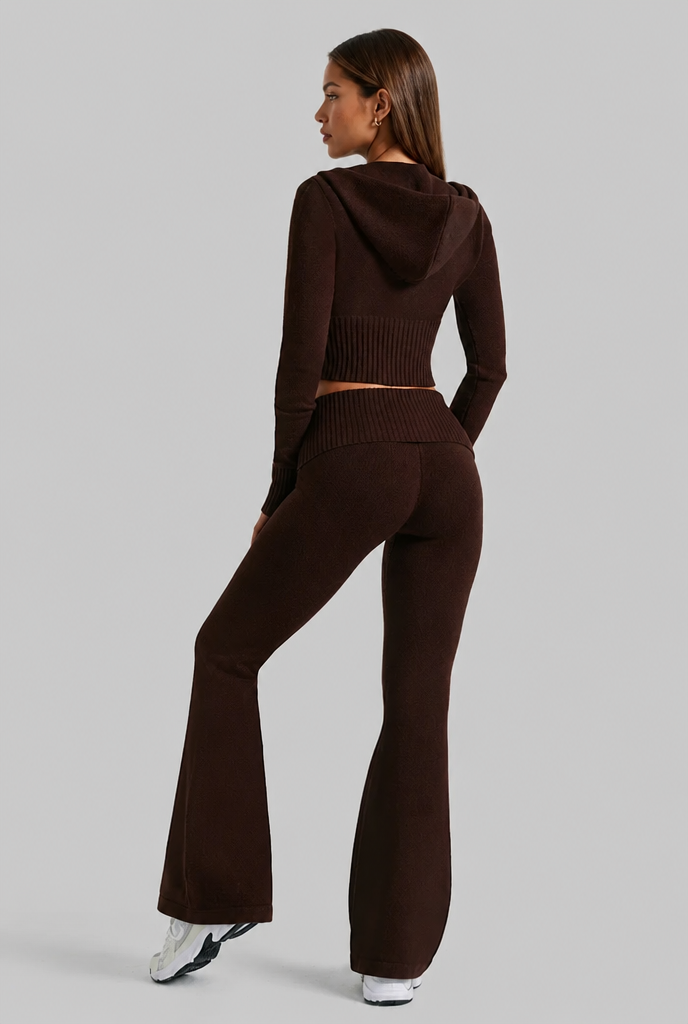 Ribbed Knit Zip Hoodie & Flare Pants Set