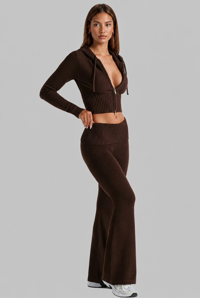 Ribbed Knit Zip Hoodie & Flare Pants Set
