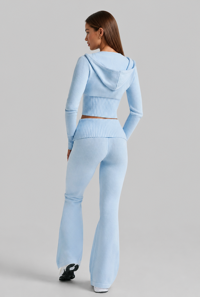 Ribbed Knit Zip Hoodie & Flare Pants Set