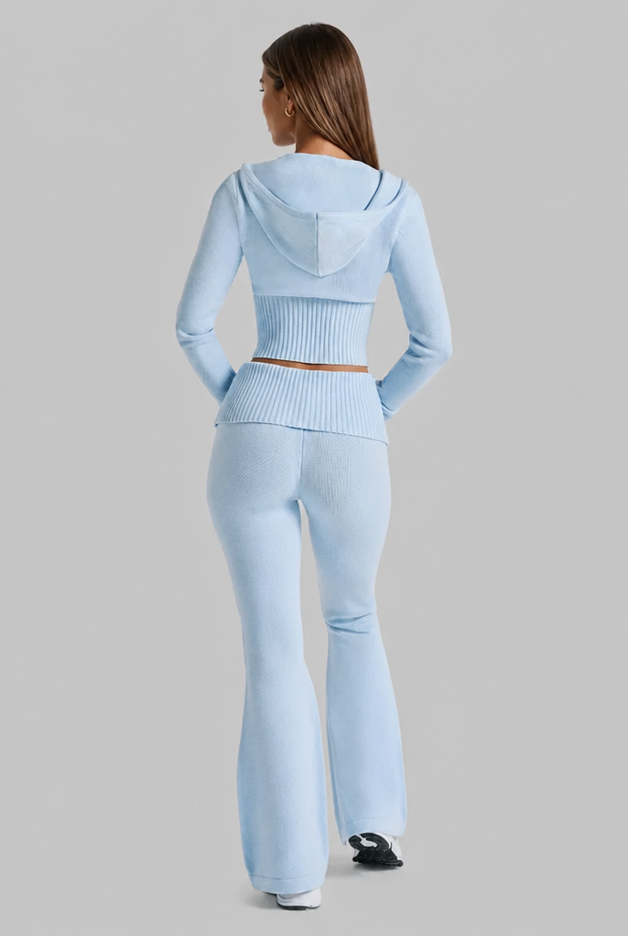 Ribbed Knit Zip Hoodie & Flare Pants Set