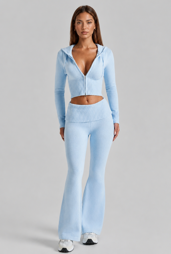 Ribbed Knit Zip Hoodie & Flare Pants Set