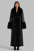Long Leather Coat with Faux Fur Trim