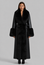 Long Leather Coat with Faux Fur Trim