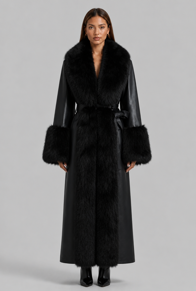 Long Leather Coat with Faux Fur Trim