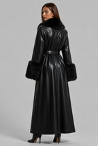 Long Leather Coat with Faux Fur Trim