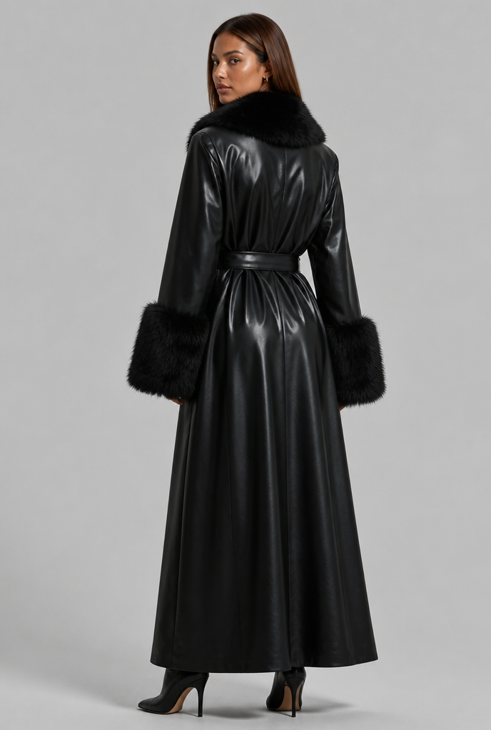 Long Leather Coat with Faux Fur Trim