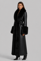 Long Leather Coat with Faux Fur Trim