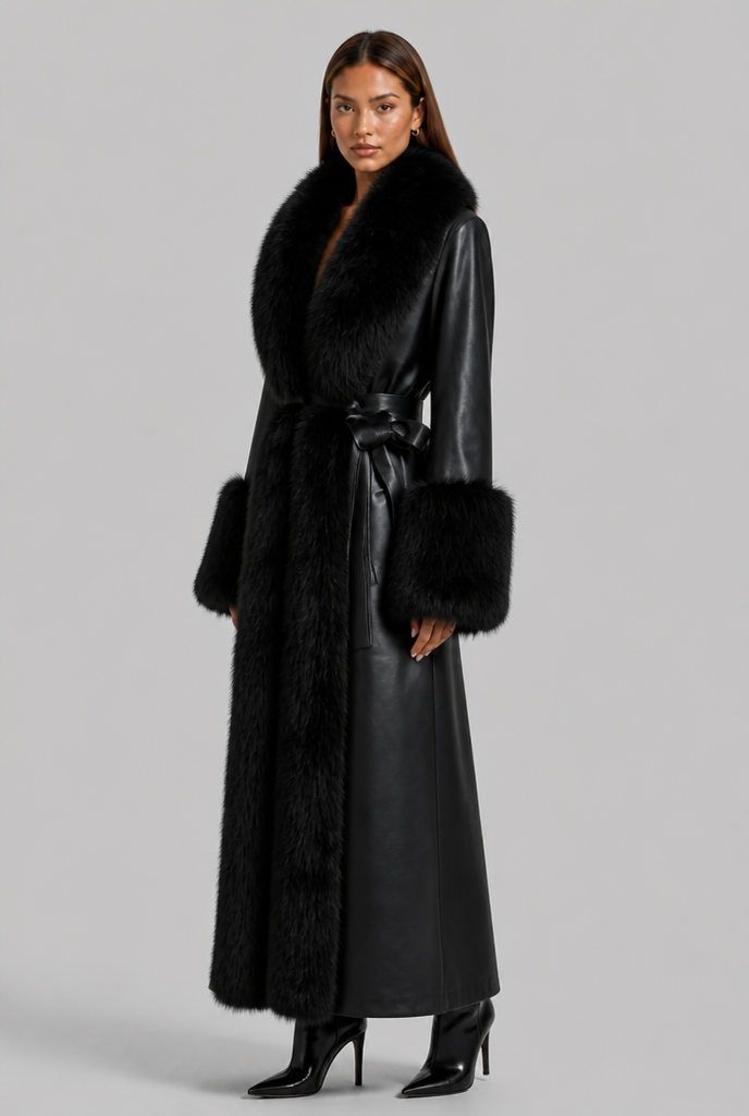 Long Leather Coat with Faux Fur Trim
