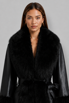 Long Leather Coat with Faux Fur Trim