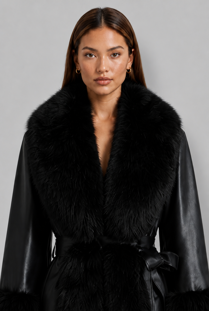 Long Leather Coat with Faux Fur Trim