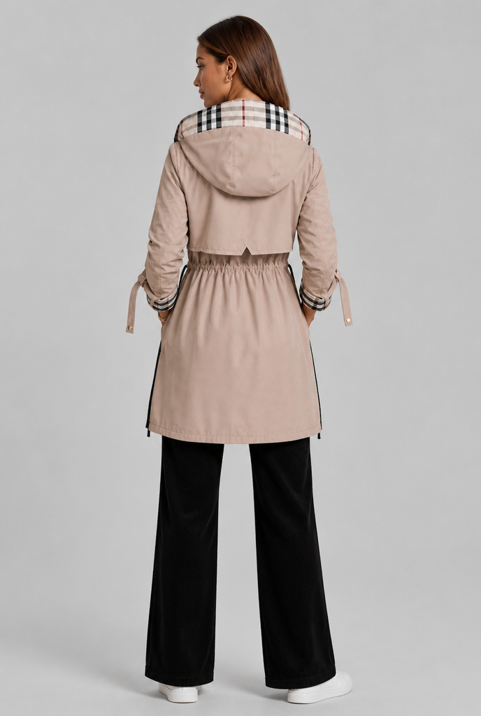 Hooded Trench Coat with Plaid Lining