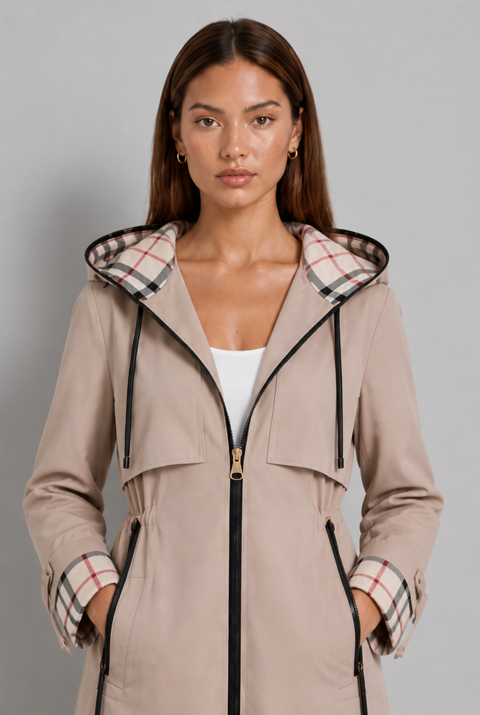 Hooded Trench Coat with Plaid Lining