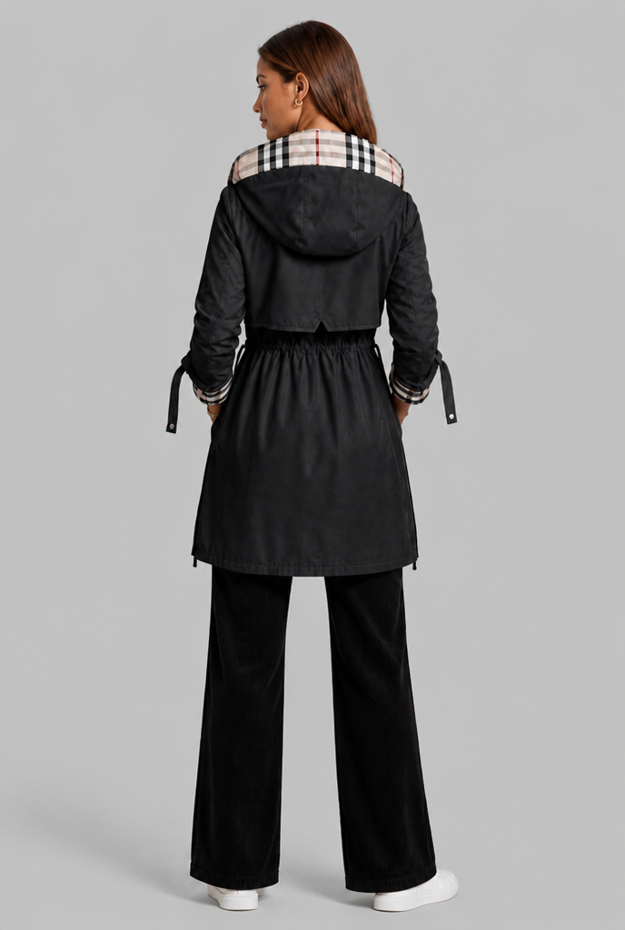 Hooded Trench Coat with Plaid Lining
