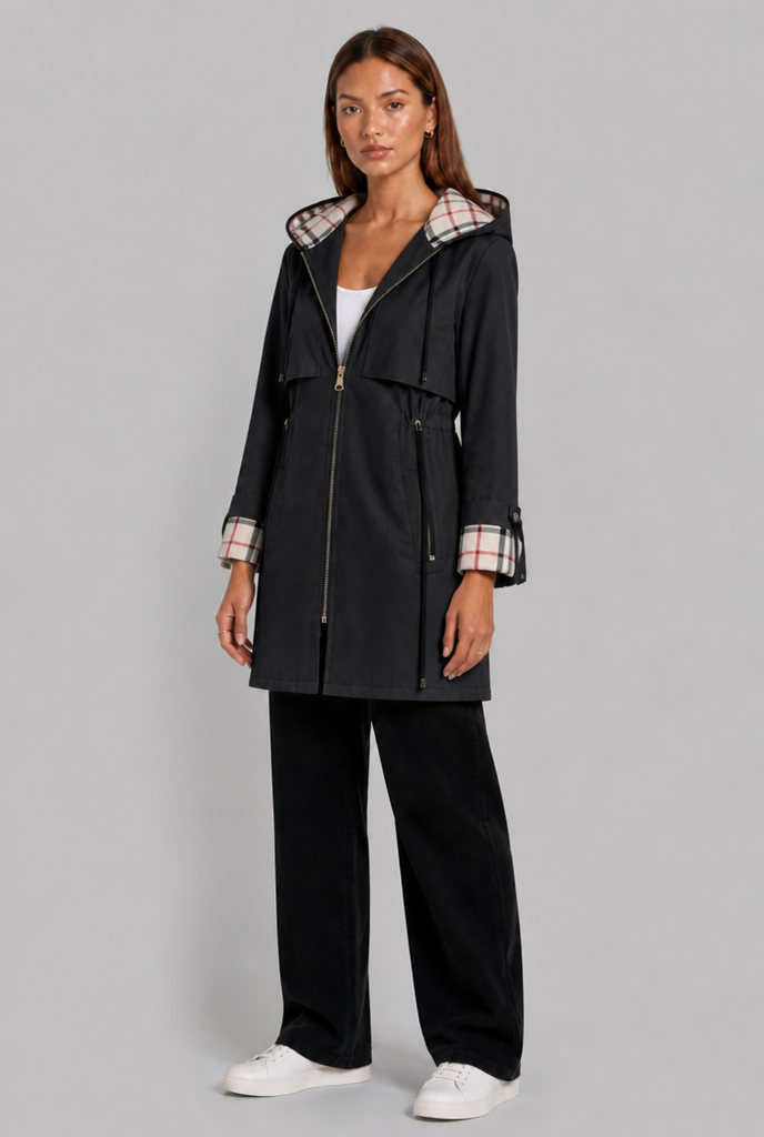 Hooded Trench Coat with Plaid Lining