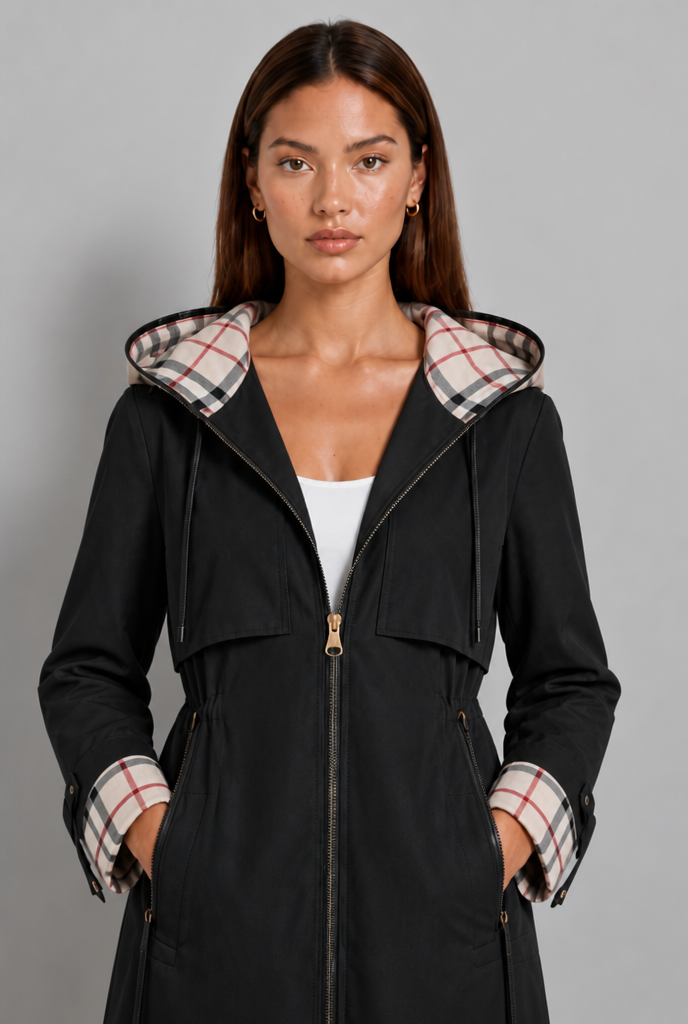 Hooded Trench Coat with Plaid Lining