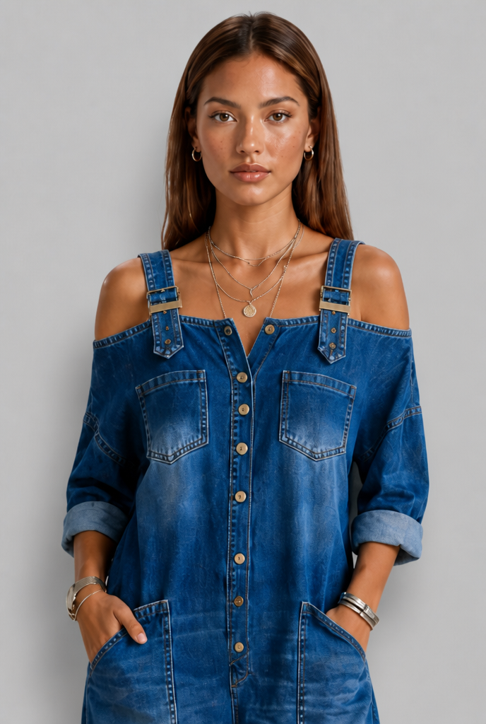 Off Shoulder Denim Jumpsuit