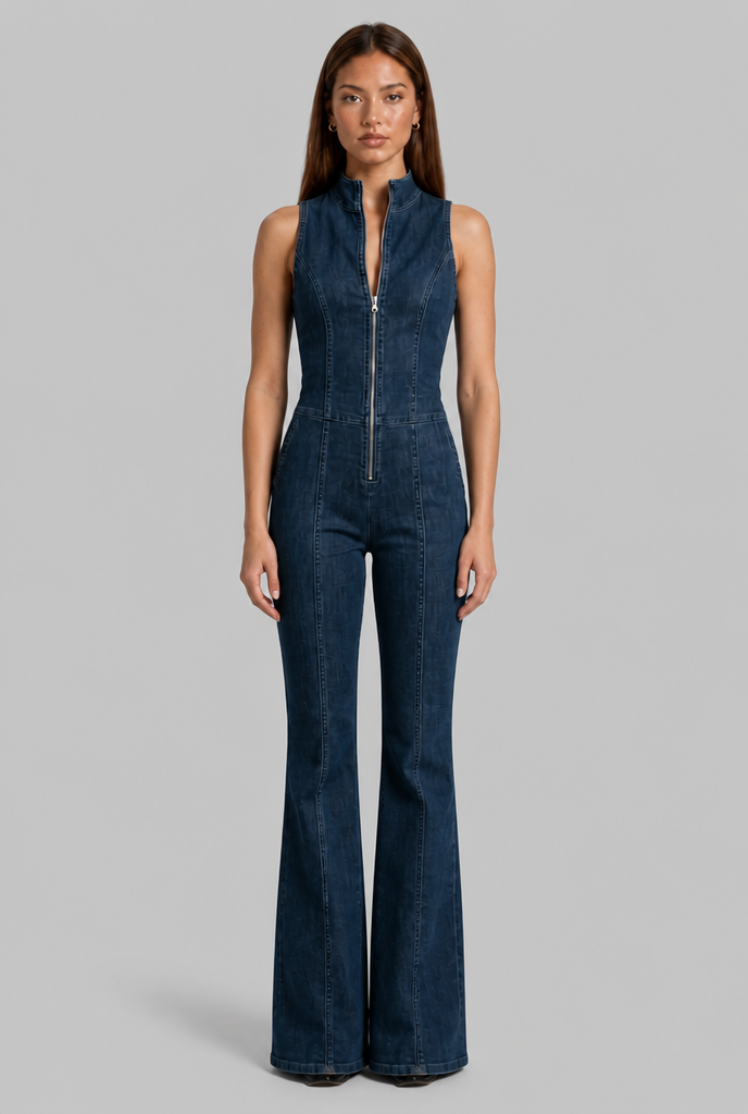Sleeveless Denim Flared Jumpsuit