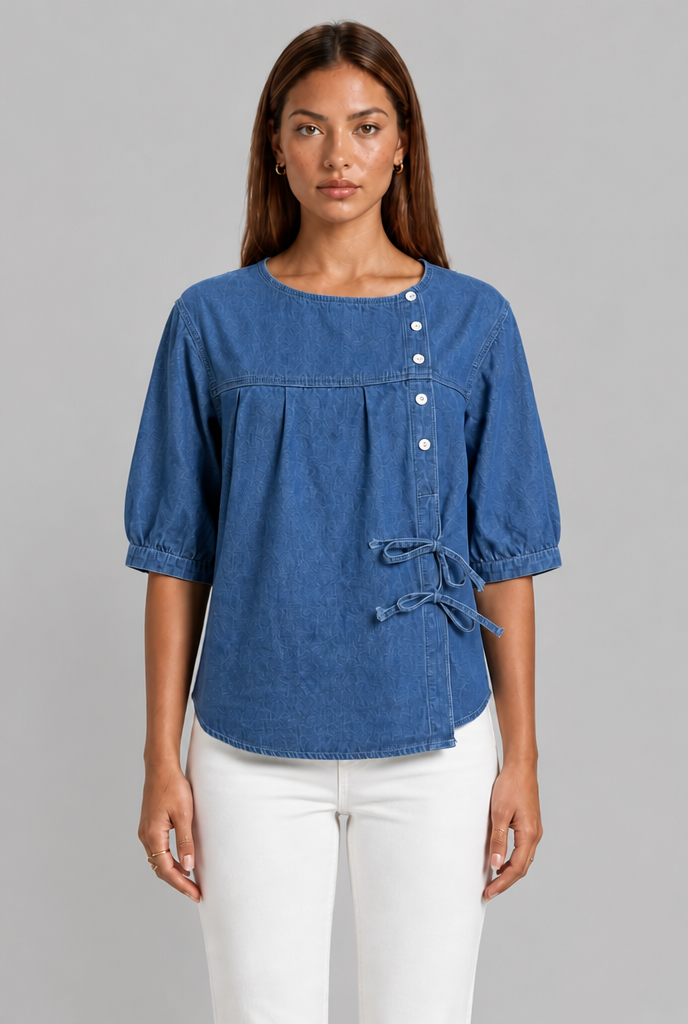 Denim Blouse with Tie Detail