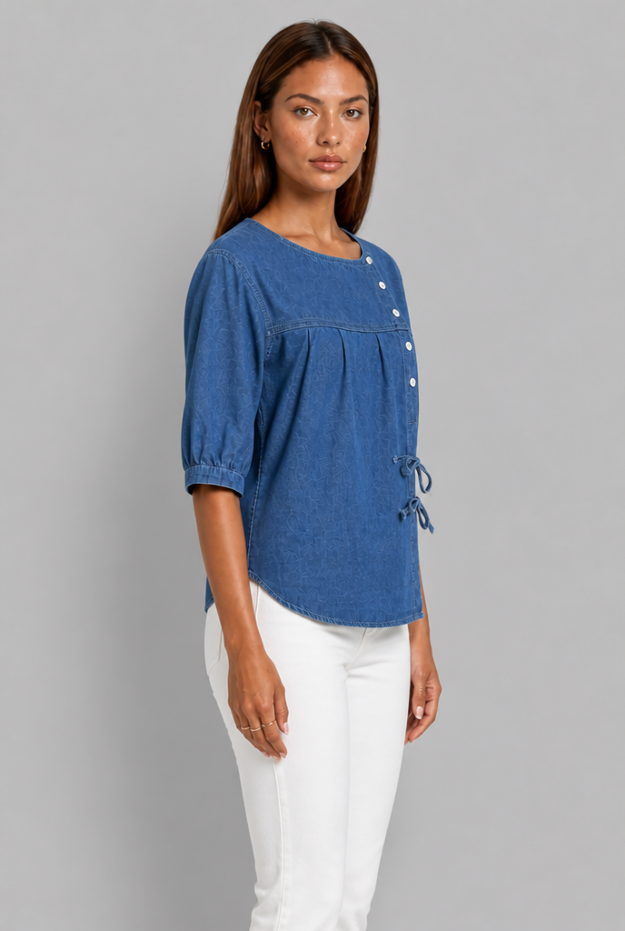 Denim Blouse with Tie Detail