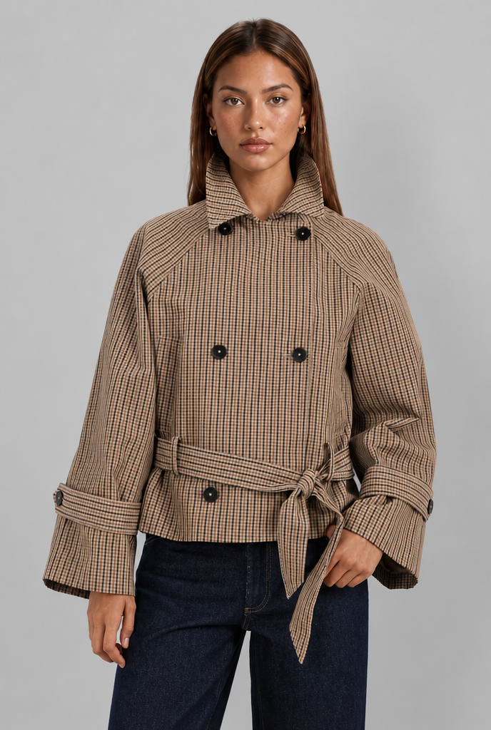 Gingham Trench Jacket with Belt