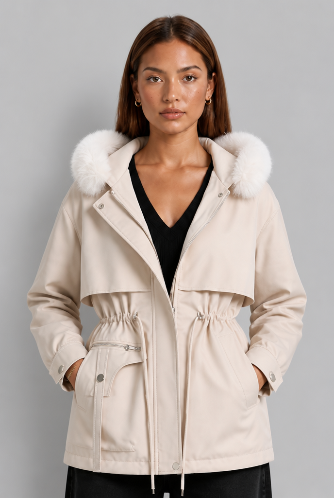 Cinched Waist Parka with Fur Hood