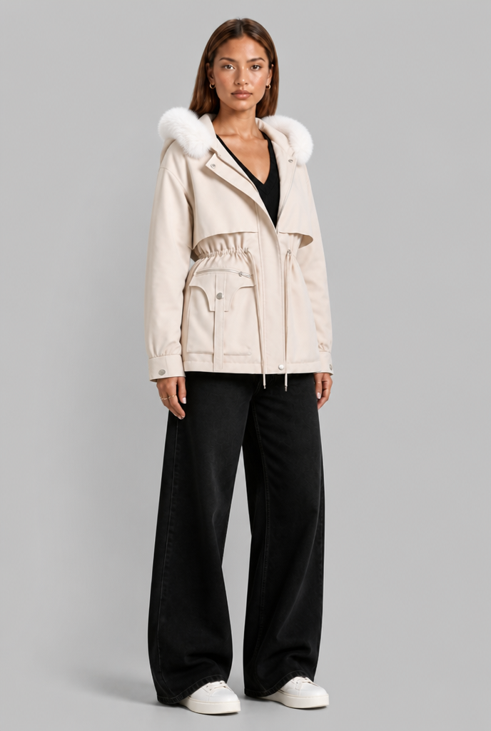 Cinched Waist Parka with Fur Hood