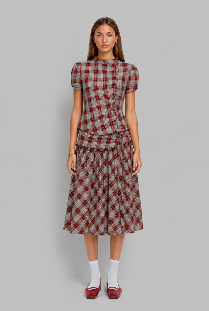 Plaid Blouse with Asymmetric Buttons
