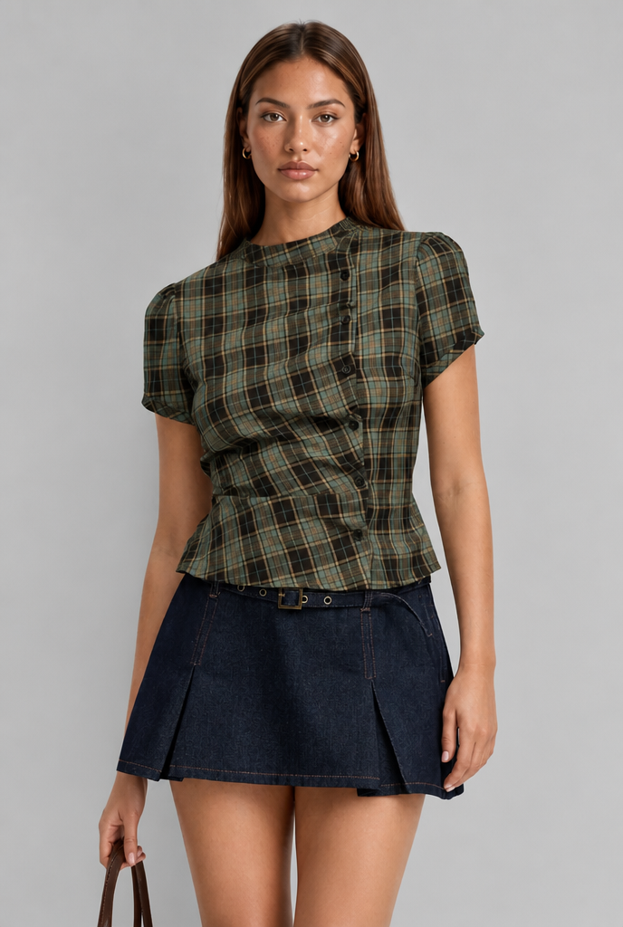 Plaid Blouse with Asymmetric Buttons