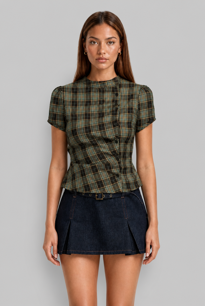 Plaid Blouse with Asymmetric Buttons